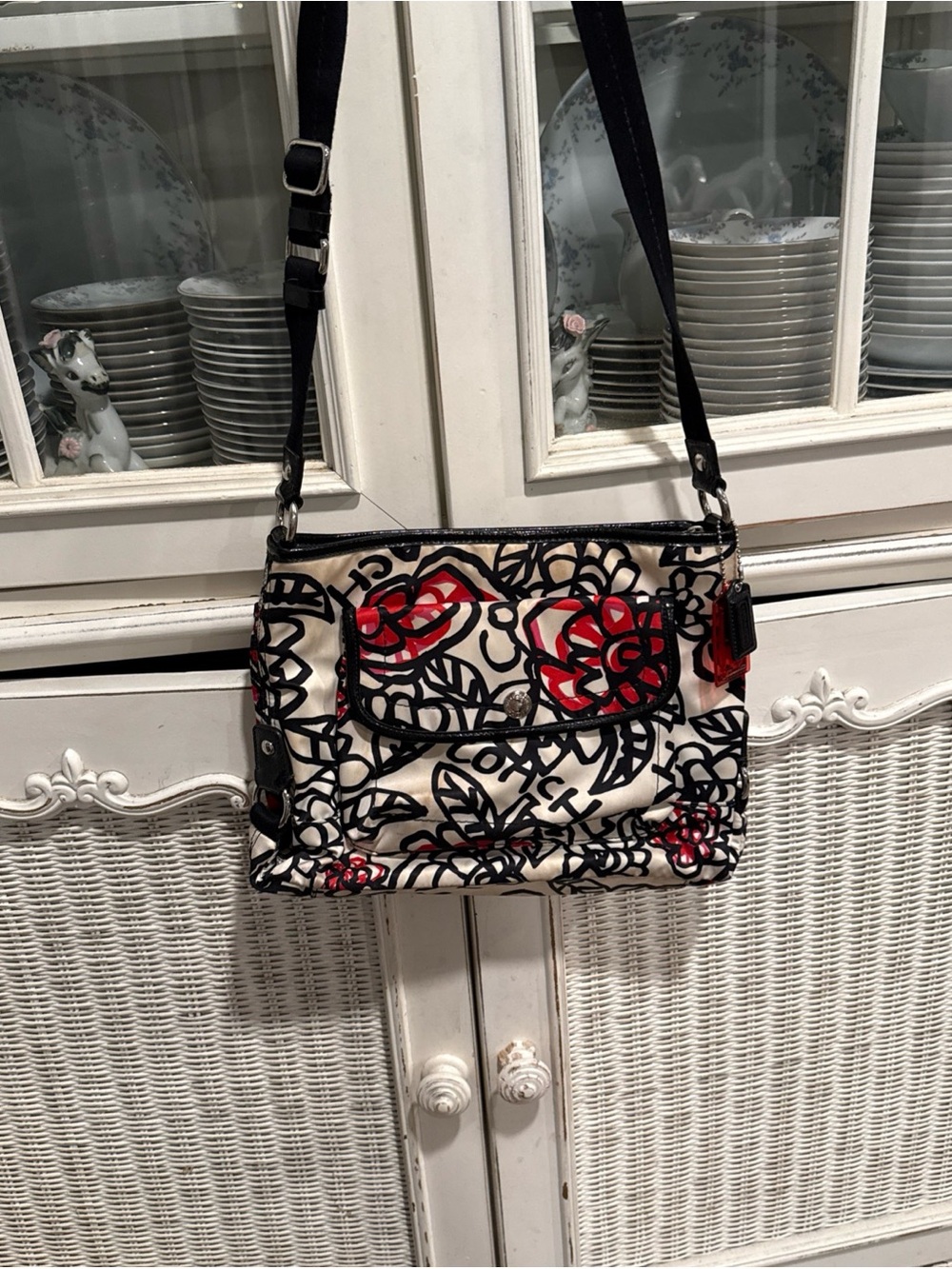 COACH Graffiti Kyra Poppy black white red sateen shoulder crossbody bag F16864